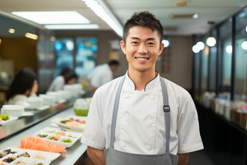 Portrait of a smiling Japanese waiter in uniform. A chef, an itamae or master sushi chef wearing white jacket and apron in sushi restaurant. - obrazy, fototapety, plakaty