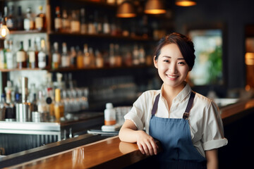 Portrait of happy young Asian woman who works as a bartender at bar. Beautiful waitress or small business owner barista bartender standing at the bar counter in restaurant.