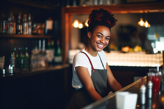 Portrait of happy young woman who works as a bartender at bar. Beautiful waitress or small business owner barista bartender standing in apron at the bar counter in restaurant.