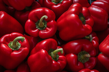 a group of red paprika bell peppers gathered in stacks, in the style of texture-based, youthful energy, shiny/glossy, heavy shading, grid-based