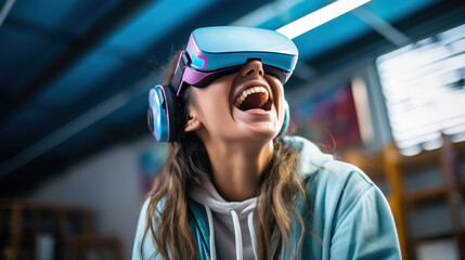 Tech-savvy teenage girl wearing VR goggles.