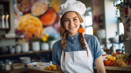 Teenage girl in a chef's hat and apron.