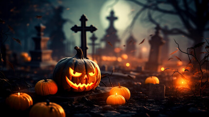 Halloween pumpkins in a cemetery at night - Halloween background
