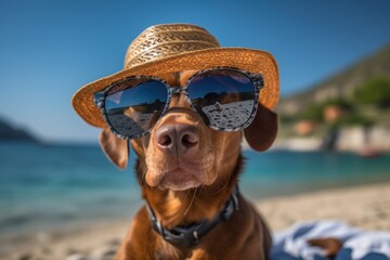cute dog in sunglasses on the beach in sun summer day. Generative ai