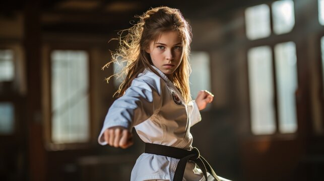 Teenage girl in a martial arts uniform doing a kick.