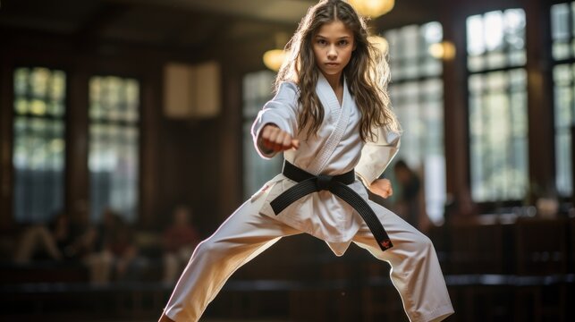 Teenage girl in a martial arts uniform doing a kick.