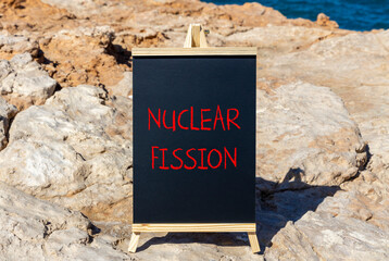 Nuclear fission symbol. Concept words Nuclear fission on beautiful black chalk blackboard....
