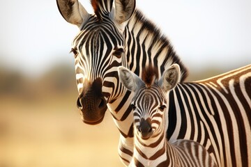 Portrait of a zebra with young little child zebra standing against a green bush
