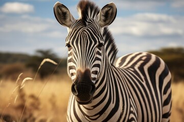 Fototapeta na wymiar Portrait of a young zebra standing against a green bush