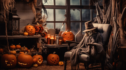 Сozy and nostalgic Halloween background with autumn decorations, scarecrows ans pumpkins. Halloween Wallpaper. Commercial Photo. Generative Ai - obrazy, fototapety, plakaty