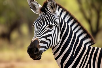 Naklejka premium Portrait of a young zebra standing against a green bush