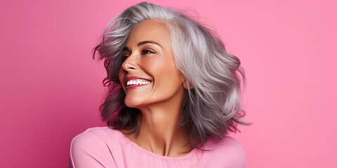 Photo on pink background - psychology portrait of a smiling beautiful Caucasian woman. Middle-aged woman with a gray hair looking by side.