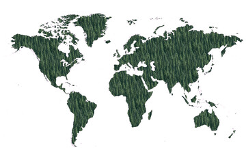 World map made up of various detailed trees on solid white background including the shadows. This 3D illustration of a forest is conceptual of the global green environmental issues worldwide.