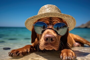 cute dog in sunglasses on the beach in sun summer day. Generative ai