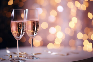 Romantic Toast with Pink Champagne Glasses in Bokeh Sparkle