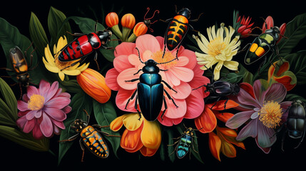 Obraz na płótnie Canvas art painting bug and a flower are on a dark background