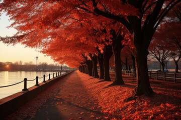 Beautiful red maple alley. Autumn landscape background 