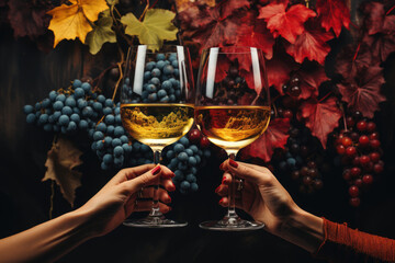 Two glasses of wine on colorful grapes leaves background. Romantic evening.