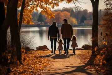 A family taking a leisurely post-meal stroll through a scenic park, enjoying the crisp fall weather. Generative Ai.