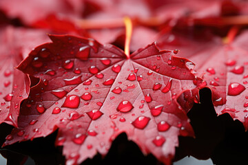 Rainy red maple leaf with water drops, close up