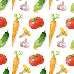 Watercolor pattern of vegetables. Hand-drawn illustration isolated on the white background