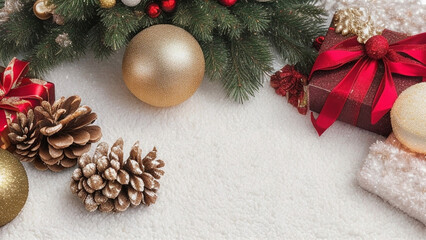 A festive and realistic Christmas-themed image featuring a beautifully decorated Christmas tree and various decorative items set against a white wooden background.