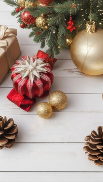 A festive and realistic Christmas-themed image featuring a beautifully decorated Christmas tree and various decorative items set against a white wooden background.
