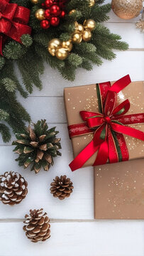 A festive and realistic Christmas-themed image featuring a beautifully decorated Christmas tree and various decorative items set against a white wooden background.