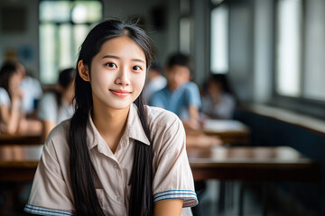 Asian girl student in classroom.