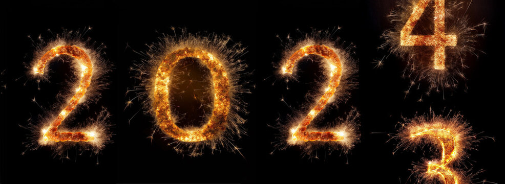from 2023 to 2024 written with Sparkle firework on black background.