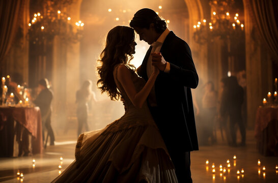 Romantic couple gracefully dancing in a lavish ballroom, illuminated by shimmering chandeliers, valentine's day