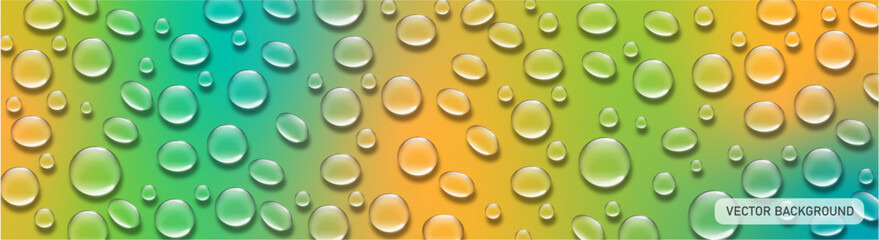 Abstract Vector Background with Transparent Water Drops on Bright Colorful Green Yellow Blue Gradient.