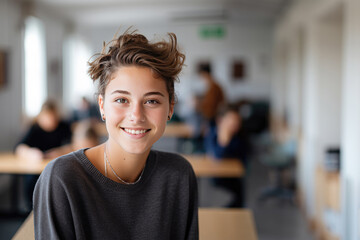 Smiling beautiful caucasian female college student in classroom