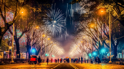 Festive fireworks in the evening sky over a crowded street