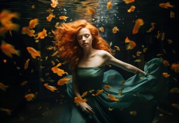 Obraz na płótnie Canvas Beautiful ginger-haired woman submerged underwater surrounded by goldfish making a wish. Surreal, wishful thinking, dreams and hopes conceptual background. AI generated image