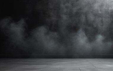 Dark and dark room wall with cement reflective floor, smoke and dim light