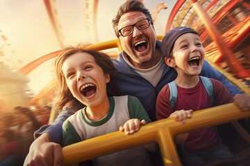 family having fun at amusement park father and daughters