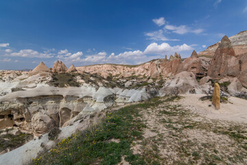 Giant rock and sand formations in touristic Cappadocia.Museum and fairy chimneys in Cappadocia, Turkey.