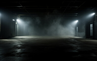 Dark and dark room wall with cement reflective floor, smoke and dim light