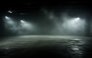 Dark and dark room wall with cement reflective floor, smoke and dim light