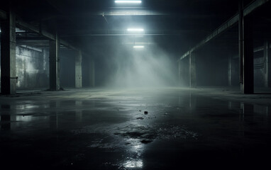 Dark and dark room wall with cement reflective floor, smoke and dim light