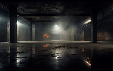 Dark and dark room wall with cement reflective floor, smoke and dim light