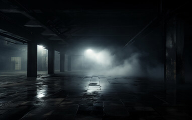 Fototapeta premium Dark and dark room wall with cement reflective floor, smoke and dim light
