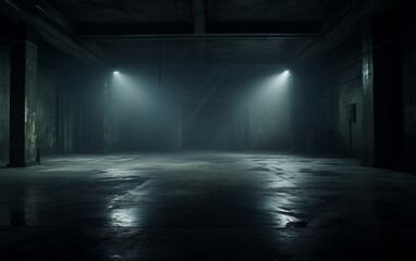 Dark and dark room wall with cement reflective floor, smoke and dim light