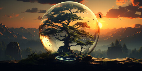 Wunderschöne Glaskugel mit einem Baum und Sonnenuntergang im Hintergrund Querformat für Banner, ai generativ