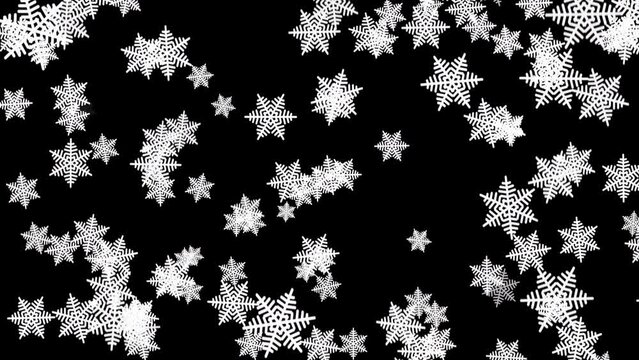 Falling illustrated snowflakes on a black background. Graphic video animation.