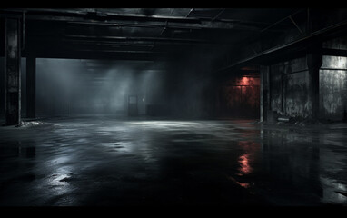 Dark and dark room wall with cement reflective floor, smoke and dim light