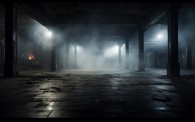 Fototapeta premium Dark and dark room wall with cement reflective floor, smoke and dim light