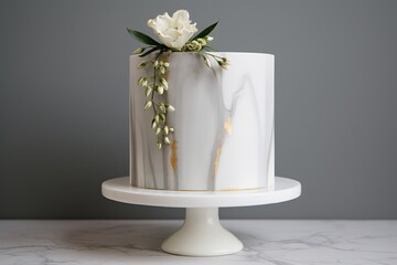 Wedding cake decorated like marble with flowers and leaf on a gray background.