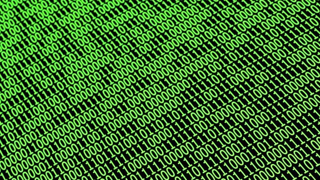Binary code black and green background with numbers moving across the screen. Binary algorithm on a black background.
